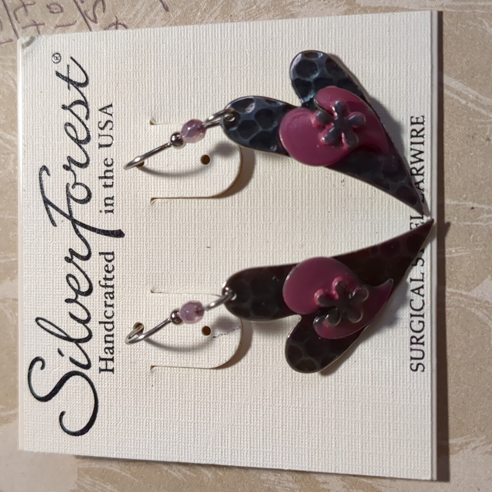 18K on Surgical Steel Silver dangling with Pink 🩷 hearts & flower
